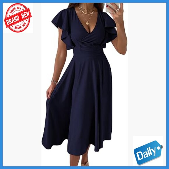 V-Neck Ruffle Sleeve Midi Dress Fit & Flare Cocktail Wedding Guest